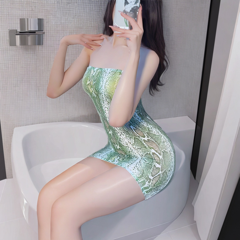 Sexi prádlo s hadím vzorom, priehľadné body s pančuchami, polyesterový materiál, 80-90% polyesteru
