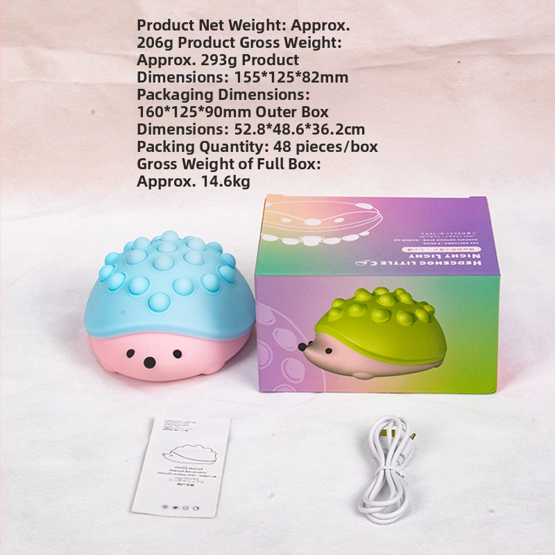 Silikónová nočná lampička v tvare ježka, stlačovacie bublinkové svetlo, USB nabíjateľná, gradientné LED osvetlenie, ROHS certifikát