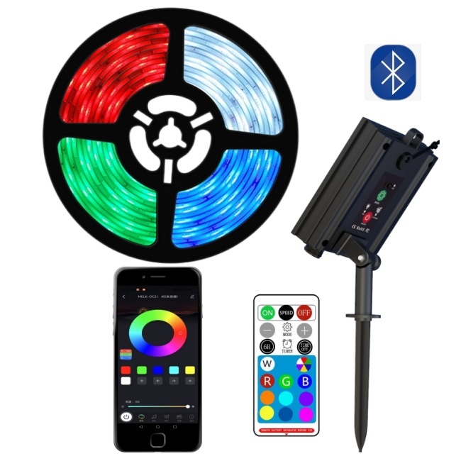 Solárna LED pás s USB nabíjaním pre dvor, IP65, vstup 5V, napájanie batériou/USB/solárnou energiou, ovládanie cez aplikáciu alebo diaľkovým ovládačom