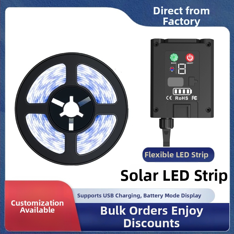 Solárna LED pás s USB nabíjaním pre dvor, IP65, vstup 5V, napájanie batériou/USB/solárnou energiou, ovládanie cez aplikáciu alebo diaľkovým ovládačom