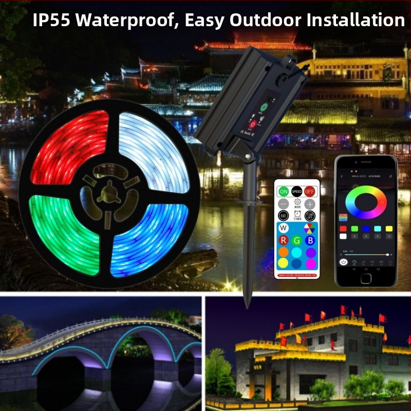 Solárna LED pás s USB nabíjaním pre dvor, IP65, vstup 5V, napájanie batériou/USB/solárnou energiou, ovládanie cez aplikáciu alebo diaľkovým ovládačom