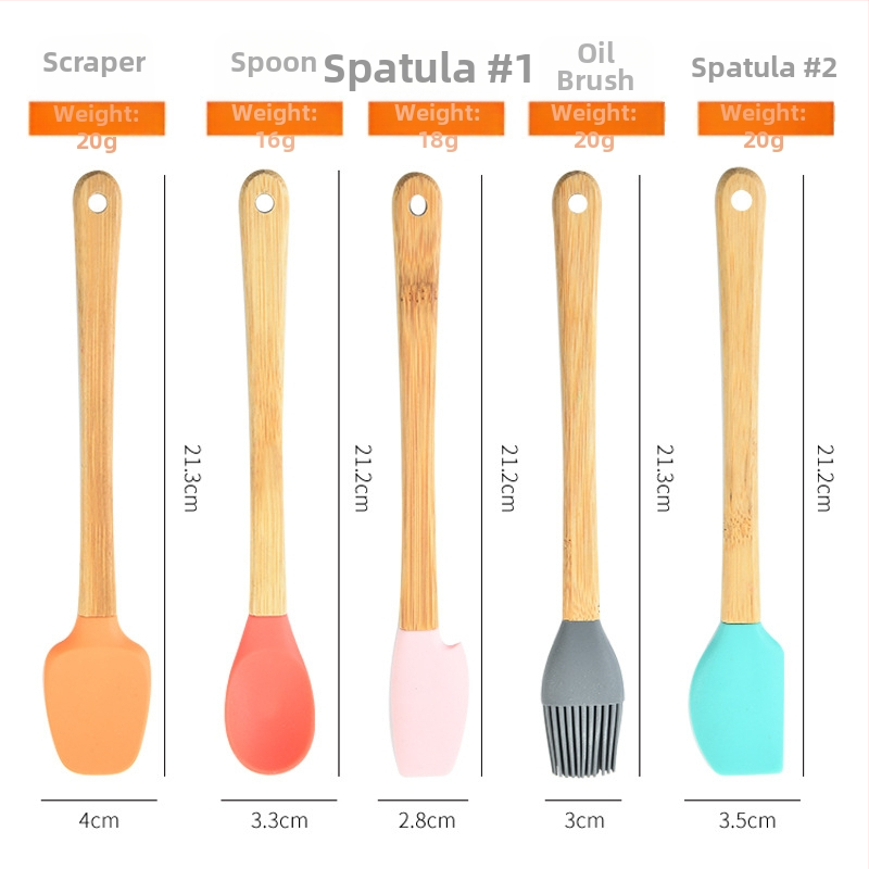 Mini silikoninis 5 dalių kepimo rinkinys su bambukine arba plastine rankena — šiuolaikiškas minimalistinis stilius, išleistas 2018 m.