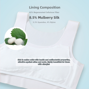 Bezšvový dievčenský podprsenka v štýle vesty, s plnými košíkmi; ultra tenké tvarované košíčky; hlavná látka nylon/spandex 50–70%; podšívka Mulberry hodváb (<30%); nastaviteľné dvojité ramienka; priedušný, tvarovanie chrbta, absorbuje pot, pohodlný