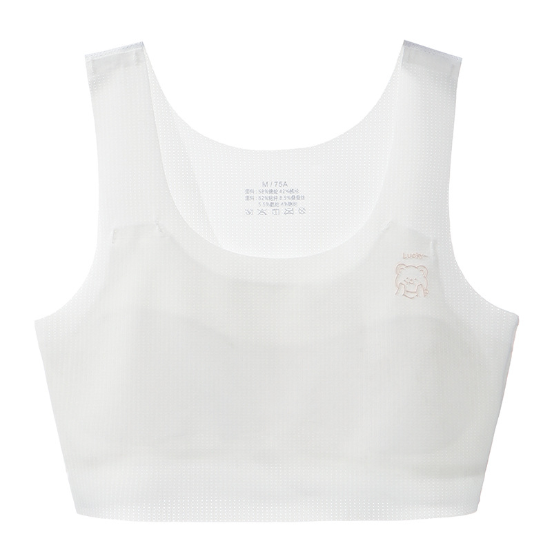 Bezšvový dievčenský podprsenka v štýle vesty, s plnými košíkmi; ultra tenké tvarované košíčky; hlavná látka nylon/spandex 50–70%; podšívka Mulberry hodváb (<30%); nastaviteľné dvojité ramienka; priedušný, tvarovanie chrbta, absorbuje pot, pohodlný