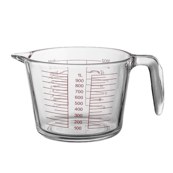 Sklenená odmerka s ml stupnicou, tepelne odolná, z borosilikátového skla, s držadlom, na pečenie.