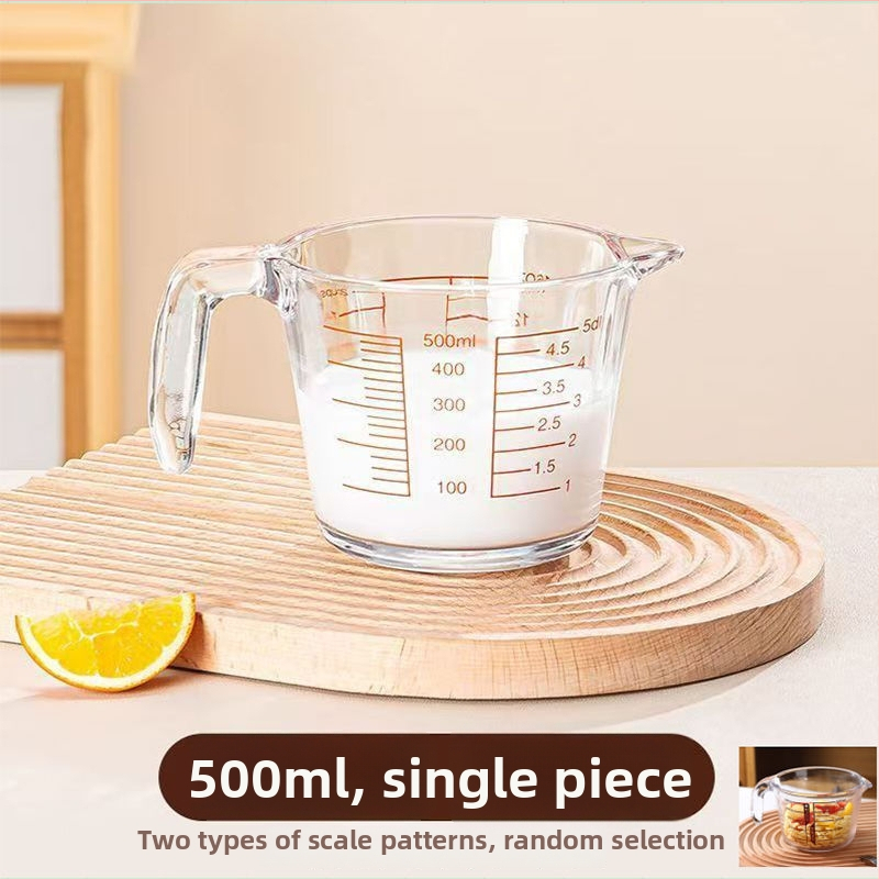 Sklenená odmerka s ml stupnicou, tepelne odolná, z borosilikátového skla, s držadlom, na pečenie.