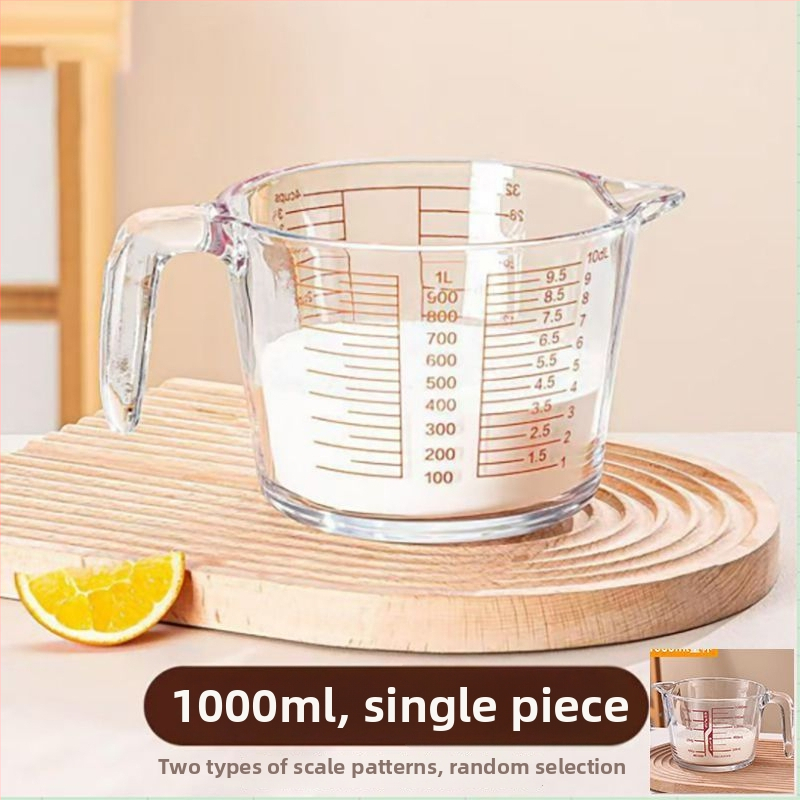 Sklenená odmerka s ml stupnicou, tepelne odolná, z borosilikátového skla, s držadlom, na pečenie.