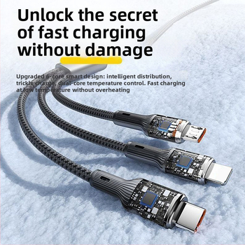 4-in-1 greito įkrovimo duomenų kabelis su USB-C, Lightning, Micro USB ir Mini USB jungtimis; pynėtas kabelis, iki 66W