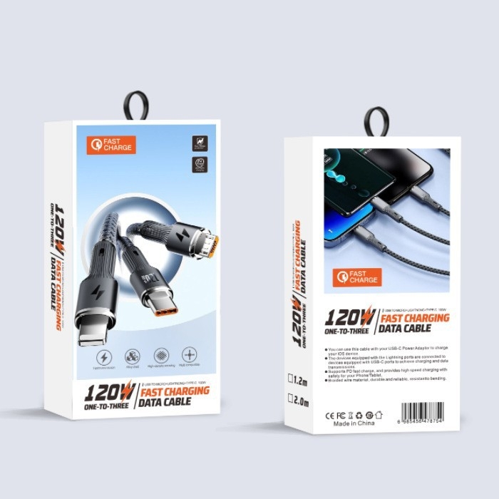 4-in-1 greito įkrovimo duomenų kabelis su USB-C, Lightning, Micro USB ir Mini USB jungtimis; pynėtas kabelis, iki 66W