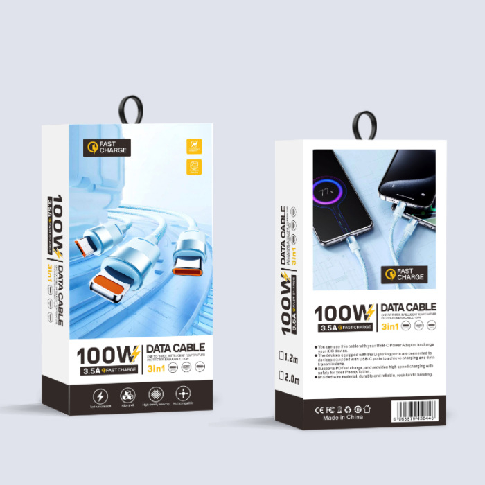 4-in-1 greito įkrovimo duomenų kabelis su USB-C, Lightning, Micro USB ir Mini USB jungtimis; pynėtas kabelis, iki 66W