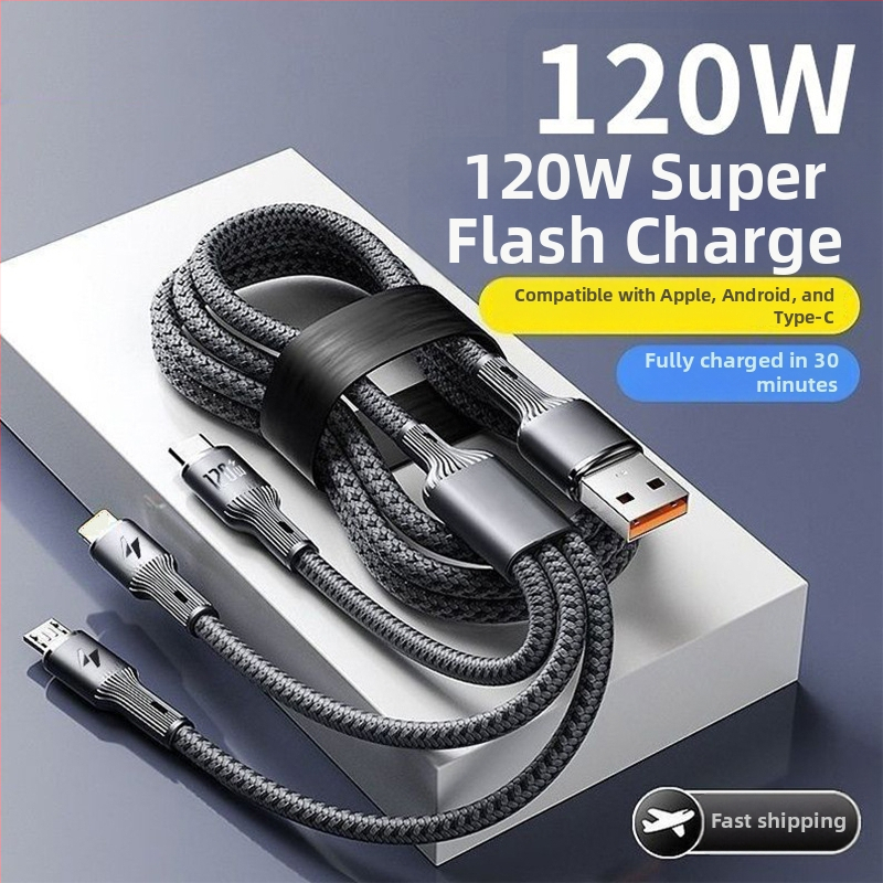 4-in-1 greito įkrovimo duomenų kabelis su USB-C, Lightning, Micro USB ir Mini USB jungtimis; pynėtas kabelis, iki 66W