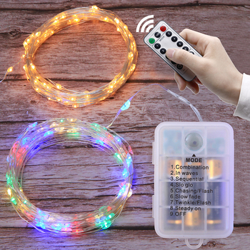 Vonkajšia LED reťaz z meďovitého vodiča, 10 m, 50/100 LED, 2700K, IP44, Batériové napájanie, Diaľkové ovládanie, Stmievanie