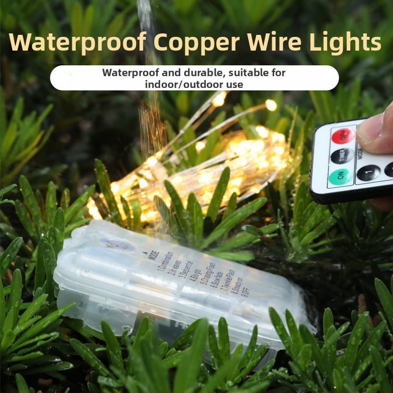 Vonkajšia LED reťaz z meďovitého vodiča, 10 m, 50/100 LED, 2700K, IP44, Batériové napájanie, Diaľkové ovládanie, Stmievanie