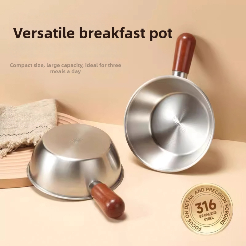 Pieninis puodas iš 316 nerūdijančio plieno, nelipnus paviršius, medinė rankena apsaugai nuo nudegimų, plokščias dugnas, suderinama su visomis viryklėmis