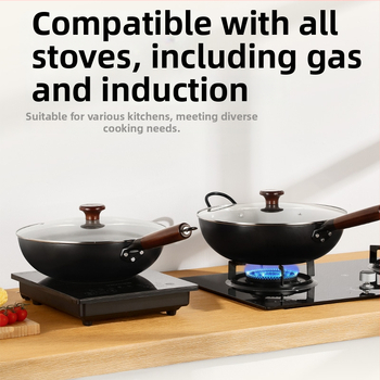 Litínový wok s nitridovaným plochým dnom a viacvrstvovým dnom, veko z nehrdzavejúcej ocele so sklom, bez povlaku