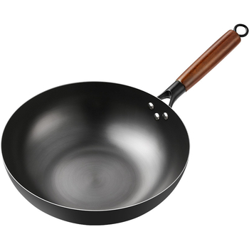 Litínový wok s nitridovaným plochým dnom a viacvrstvovým dnom, veko z nehrdzavejúcej ocele so sklom, bez povlaku