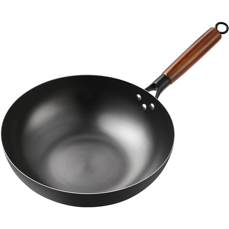 Litínový wok s nitridovaným plochým dnom a viacvrstvovým dnom, veko z nehrdzavejúcej ocele so sklom, bez povlaku