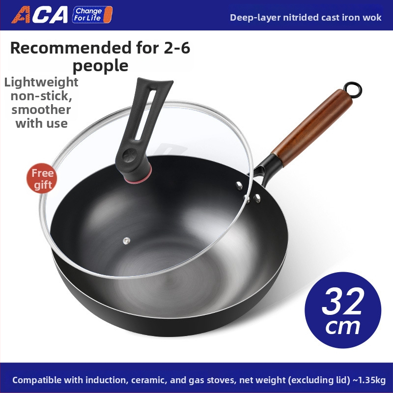 Litínový wok s nitridovaným plochým dnom a viacvrstvovým dnom, veko z nehrdzavejúcej ocele so sklom, bez povlaku