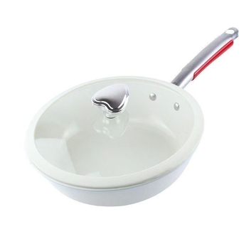 Pebble Wok Tigaie ceramică antiaderentă cu glazură; Material: fier rafinat; Capac din oțel inoxidabil cu sticlă; Compatibil cu inducția, gazul și cuptorul cu microunde; Greutate 2,5 kg