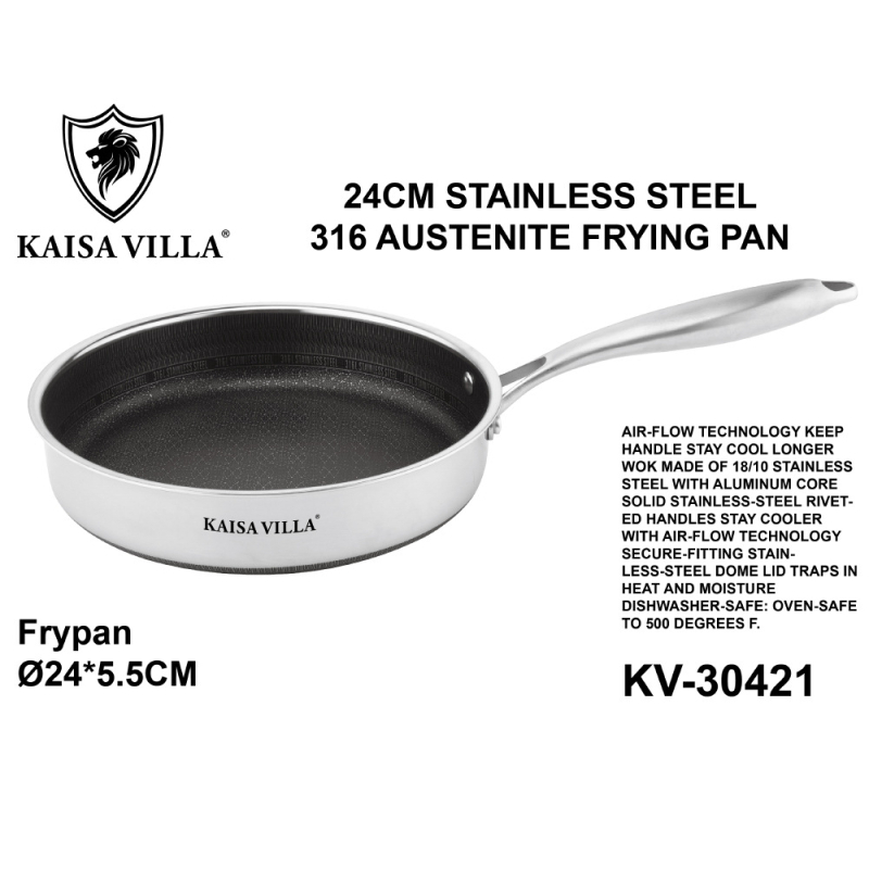 Tigaie din oțel inoxidabil 316L, cu strat antiaderent, fund de 4 straturi, bază plată, pentru prăjit și grătar, compatibil gaz și inducție