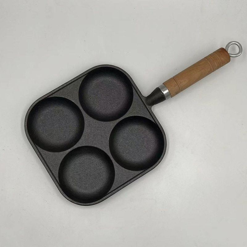 Tigaie din fontă cu patru găuri pentru ouă-burger, adâncă, suprafață antiaderentă
