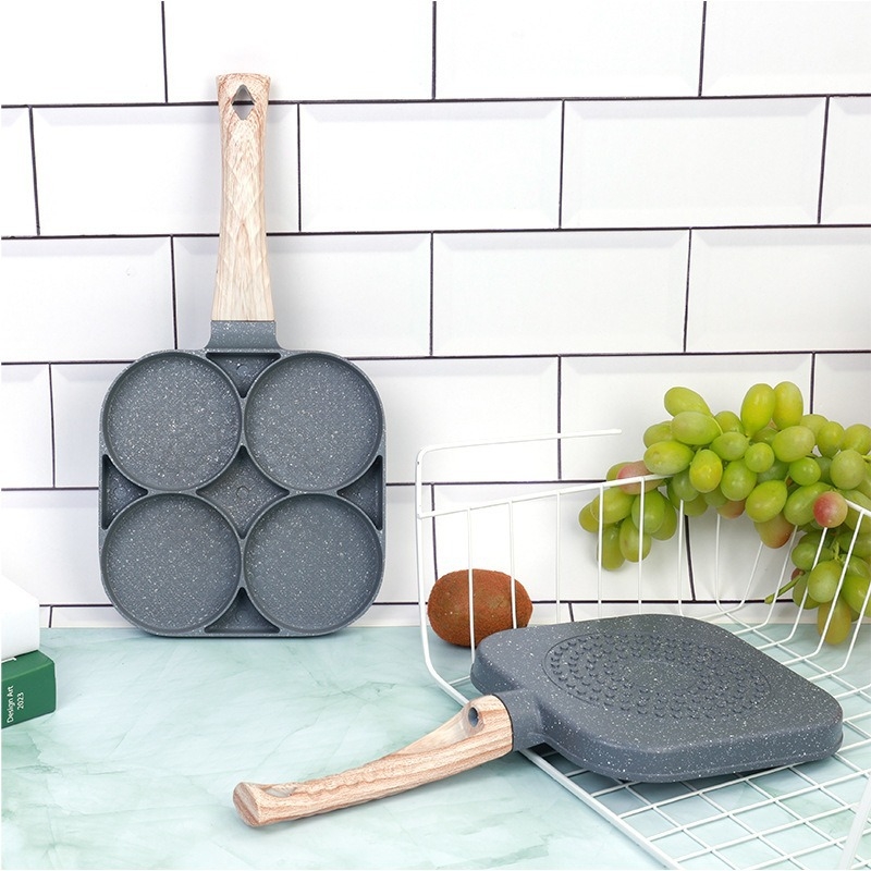 Panvica na vajíčka a hamburgery so štyrmi dierkami – hliníková zliatina, nelepivý povrch, dizajn so štyrmi dierkami, hmotnosť 0,48 kg, kompatibilný s plynovým sporákom