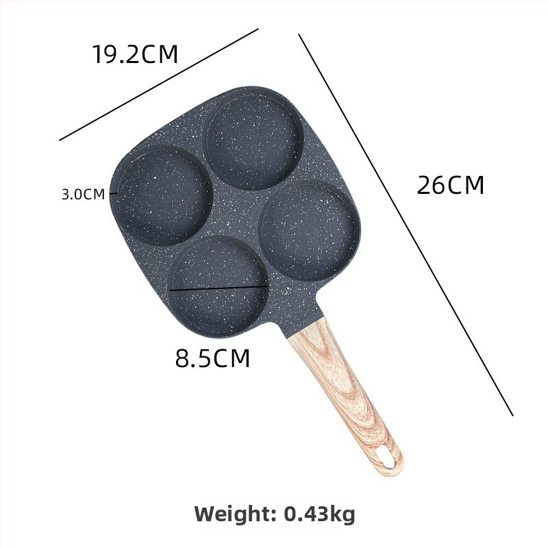 Panvica na vajíčka a hamburgery so štyrmi dierkami – hliníková zliatina, nelepivý povrch, dizajn so štyrmi dierkami, hmotnosť 0,48 kg, kompatibilný s plynovým sporákom