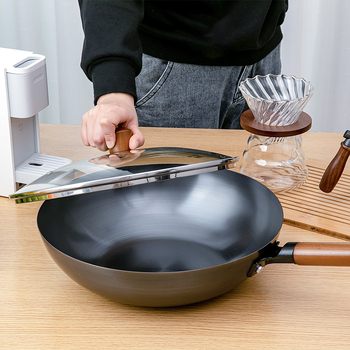 Wok z rafinovaného železa, bez povrchovej úpravy, vhodný pre indukciu a plyn, sklenené veko, 1,2 kg