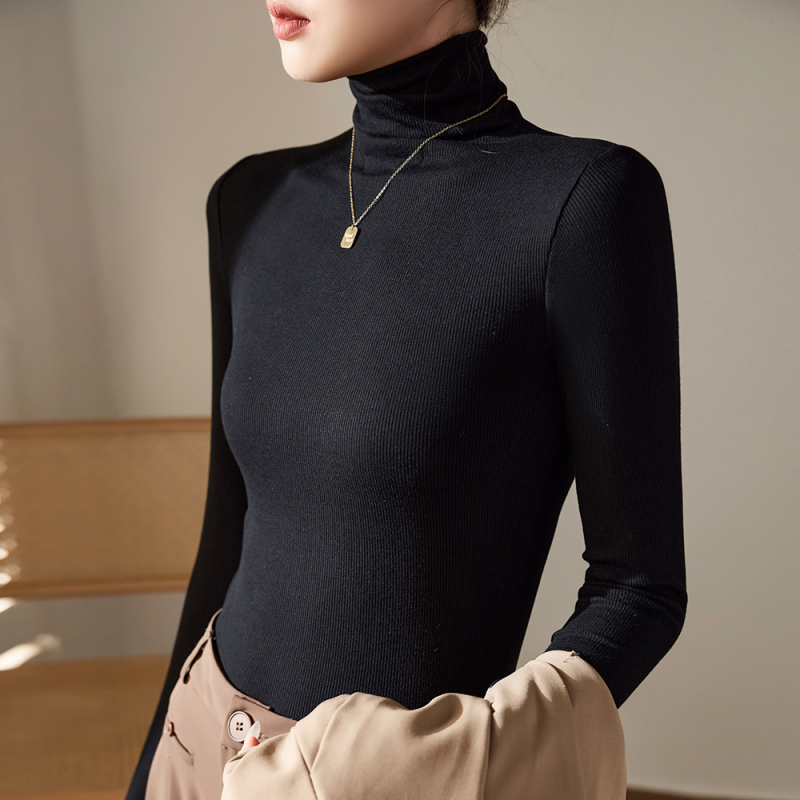 Top damă cu mânecă lungă, guler înalt, croială slim, căptușit cu fleece pentru căldură, stil casual