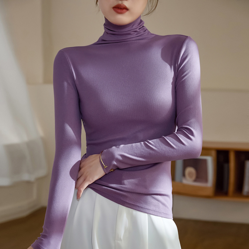 Top damă cu mânecă lungă, guler înalt, croială slim, căptușit cu fleece pentru căldură, stil casual