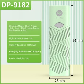 DP9182 prijenosna LED svjetiljka, ABS, baterija 1000mAh, snaga 2W, LED izvor svjetla, uključen punjač, domet 100–200 m