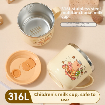 Detský pohár na mlieko z nehrdzavejúcej ocele 316/304, karikatúrny dizajn, dvojité steny, s viečkom a slamkou