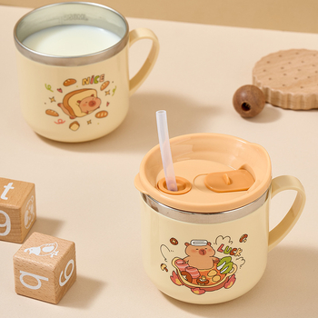 Detský pohár na mlieko z nehrdzavejúcej ocele 316/304, karikatúrny dizajn, dvojité steny, s viečkom a slamkou