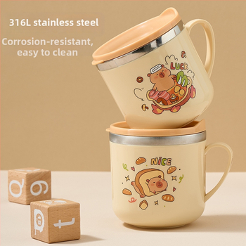 Detský pohár na mlieko z nehrdzavejúcej ocele 316/304, karikatúrny dizajn, dvojité steny, s viečkom a slamkou