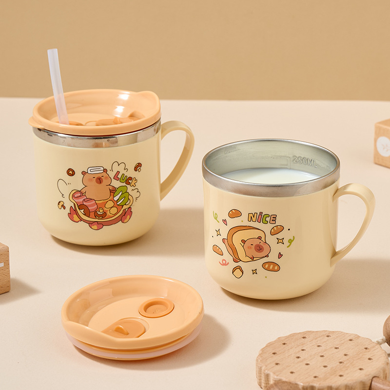 Detský pohár na mlieko z nehrdzavejúcej ocele 316/304, karikatúrny dizajn, dvojité steny, s viečkom a slamkou