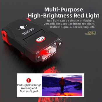 LED čelovka s klipom na klobúk a šiltom, nabíjateľná 3.7V, kapacita batérie 1200, ručné stlačenie napájanie