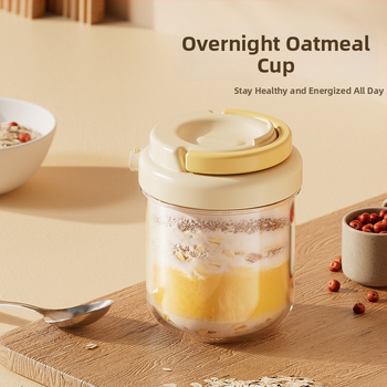 Sklenený pohár na nočné ovsené vločky – Moderný minimalistický štýl, s viečkom a lyžičkou, uzavretý na cestovanie pre saláty, mlieko a smoothie