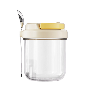 Sklenený pohár na nočné ovsené vločky – Moderný minimalistický štýl, s viečkom a lyžičkou, uzavretý na cestovanie pre saláty, mlieko a smoothie