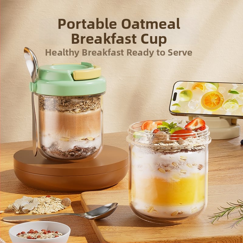 Sklenený pohár na nočné ovsené vločky – Moderný minimalistický štýl, s viečkom a lyžičkou, uzavretý na cestovanie pre saláty, mlieko a smoothie