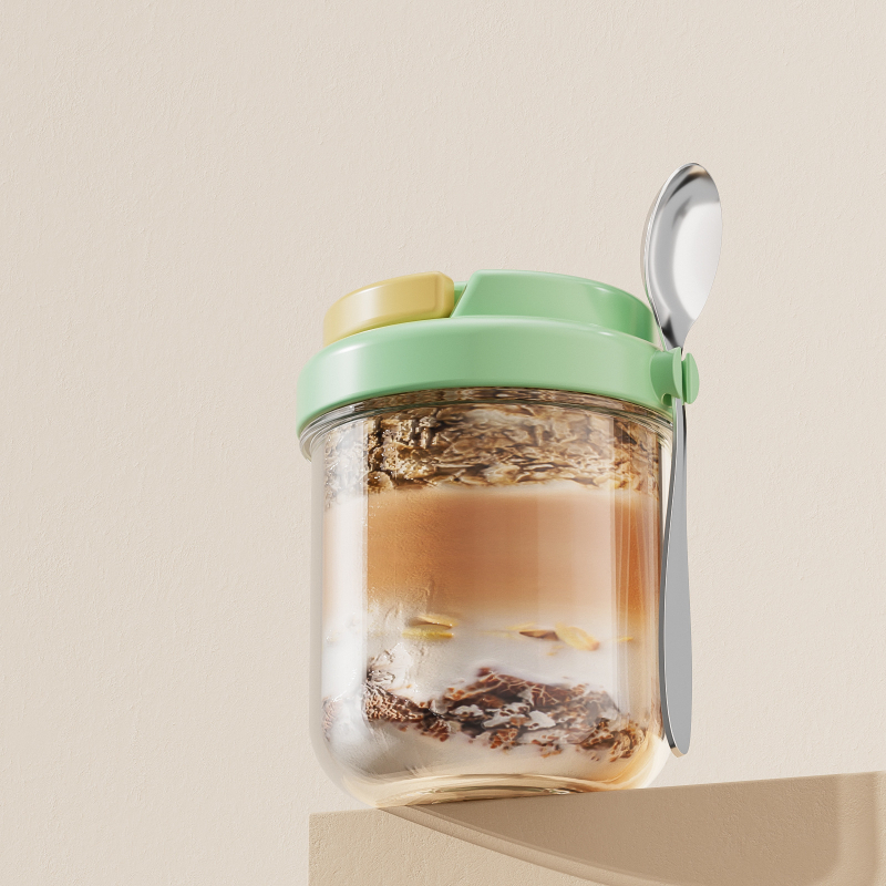 Sklenený pohár na nočné ovsené vločky – Moderný minimalistický štýl, s viečkom a lyžičkou, uzavretý na cestovanie pre saláty, mlieko a smoothie