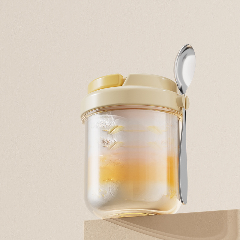 Sklenený pohár na nočné ovsené vločky – Moderný minimalistický štýl, s viečkom a lyžičkou, uzavretý na cestovanie pre saláty, mlieko a smoothie