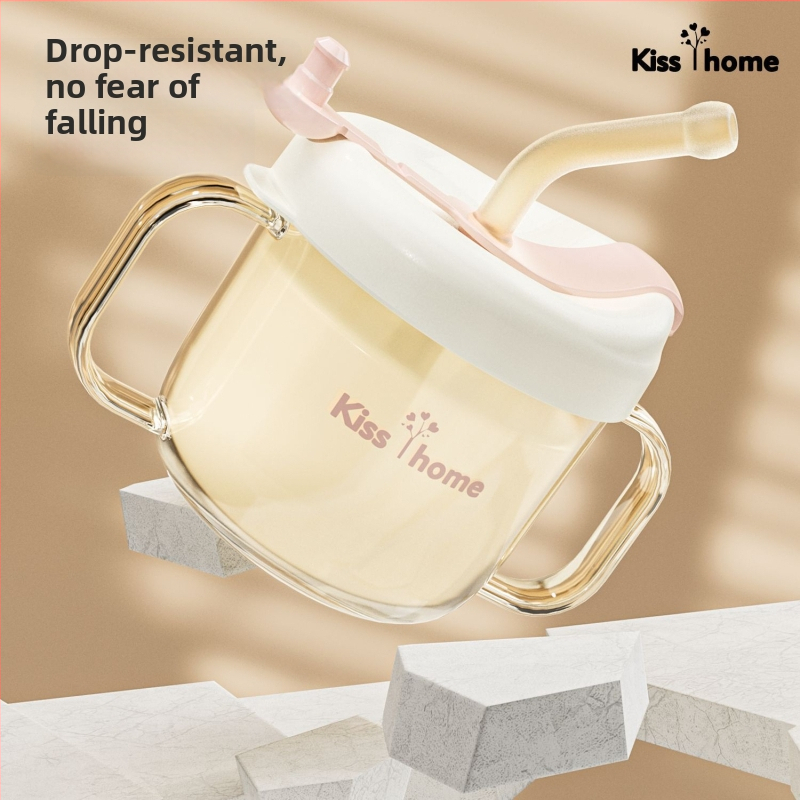 Vaikų pieno puodelis su šiaudeliu, karikatūrų stilius, atsparus kritimams, mokomasis puodelis tiesioginiam gurkšniui, 1+ metų, PP medžiaga