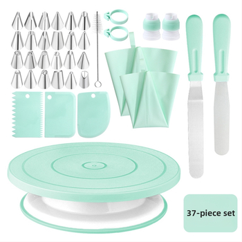 Qiao Sada na zdobenie tort s otáčacím tanierom, protišmyková, z nehrdzavejúcej ocele + plastu; Obsahuje 24 zdobiacich špičiek, 2 vrecká na zdobenie, 2 špachtle, 2 silikónové krúžky, 2 čistiace kefky