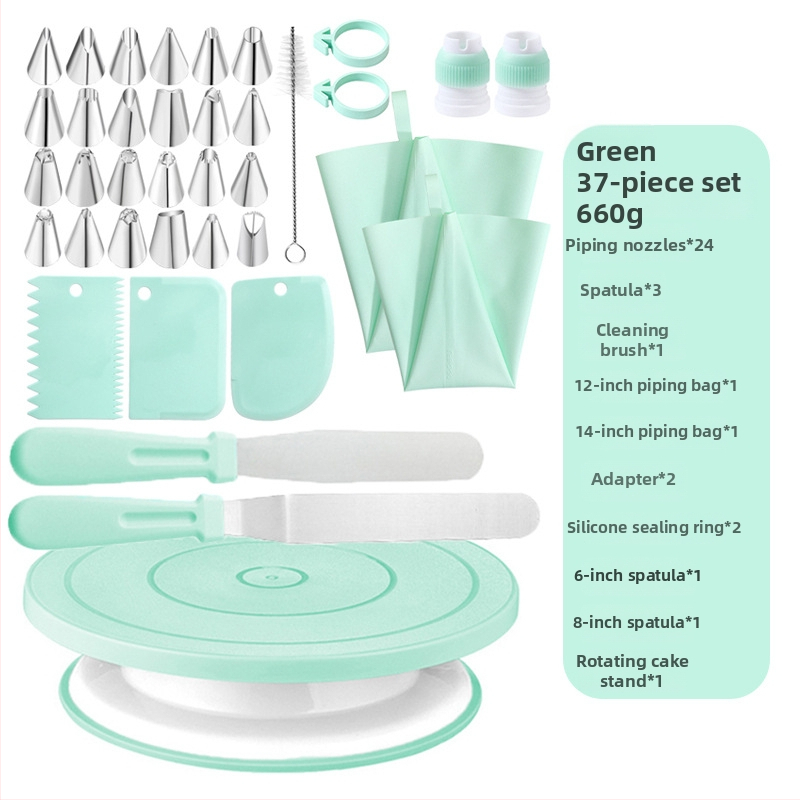 Qiao Sada na zdobenie tort s otáčacím tanierom, protišmyková, z nehrdzavejúcej ocele + plastu; Obsahuje 24 zdobiacich špičiek, 2 vrecká na zdobenie, 2 špachtle, 2 silikónové krúžky, 2 čistiace kefky