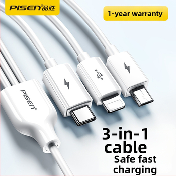 Daugiafunkcinis greito įkrovimo duomenų kabelis su Lightning, USB-C ir Micro USB jungtimis; QC suderinamas