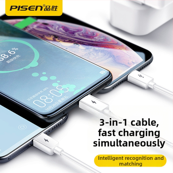 Daugiafunkcinis greito įkrovimo duomenų kabelis su Lightning, USB-C ir Micro USB jungtimis; QC suderinamas