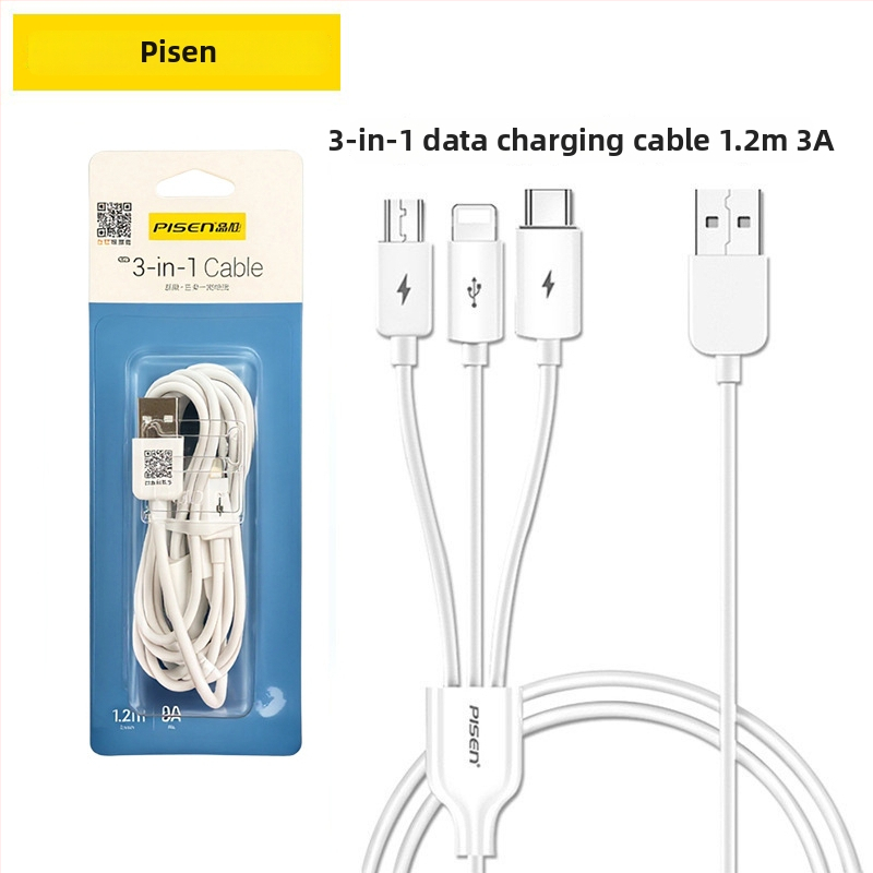 Daugiafunkcinis greito įkrovimo duomenų kabelis su Lightning, USB-C ir Micro USB jungtimis; QC suderinamas