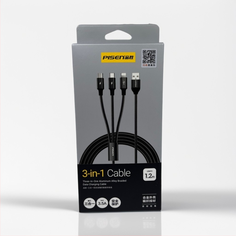 Daugiafunkcinis greito įkrovimo duomenų kabelis su Lightning, USB-C ir Micro USB jungtimis; QC suderinamas