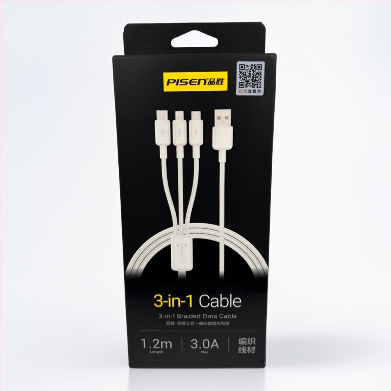 Daugiafunkcinis greito įkrovimo duomenų kabelis su Lightning, USB-C ir Micro USB jungtimis; QC suderinamas