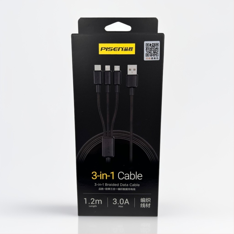 Daugiafunkcinis greito įkrovimo duomenų kabelis su Lightning, USB-C ir Micro USB jungtimis; QC suderinamas